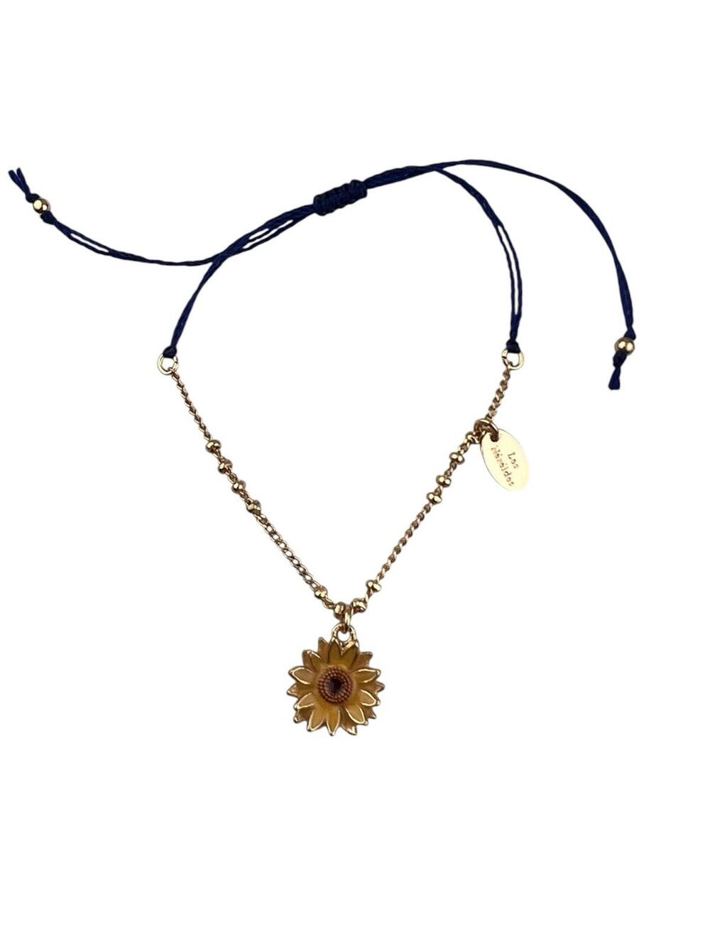 Les Nereides Gold Tone & Blue Cord Adjustable Sunflower Bracelet